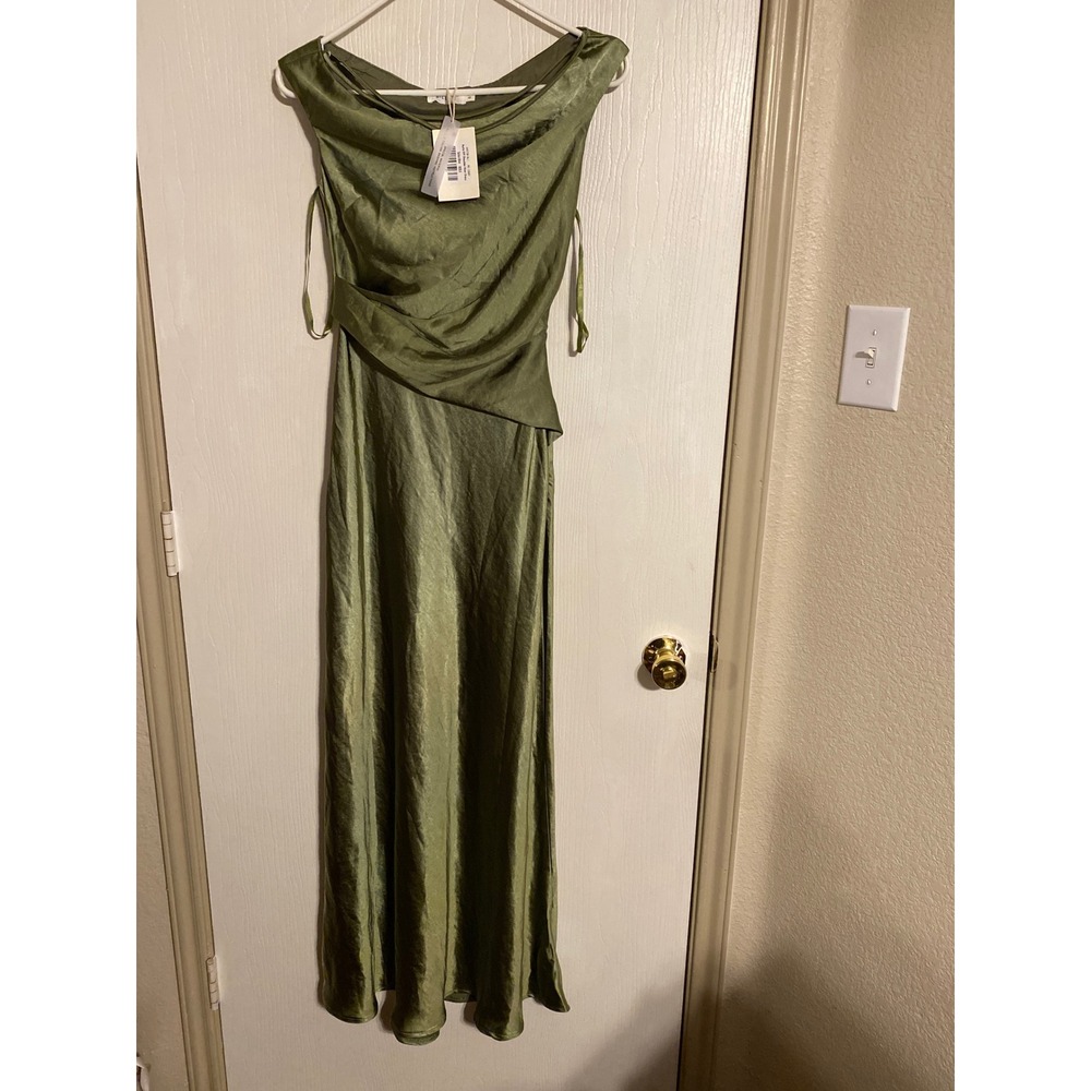 Billy J Auria Off Shoulder Maxi Dress Olive Green Satin Cowl Neck 6 64573D-OLI